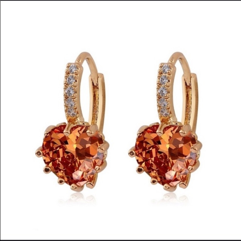 18K Heart Shaped Cubic Zirconia Champagne Hoop Ear - Picture 7 of 8